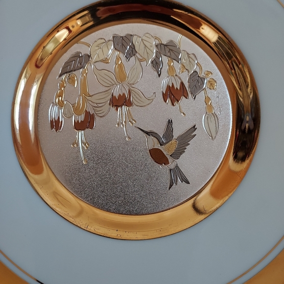 Chokin Art 24kt Gold Rim 6.5" Plate Hummingbird and Flowers - Picture 2 of 6